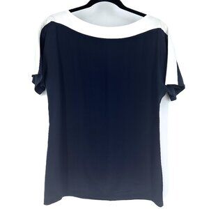 St. John Silk‎ Short Sleeve Bateau Neckline Blouse Navy Ivory Size 2